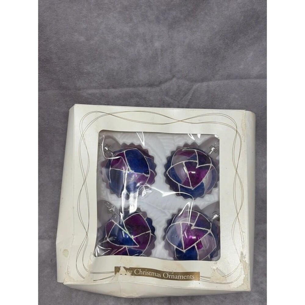 4 Hand Painted Blue Purple Stained Glass Ornament with White Glitter accent read